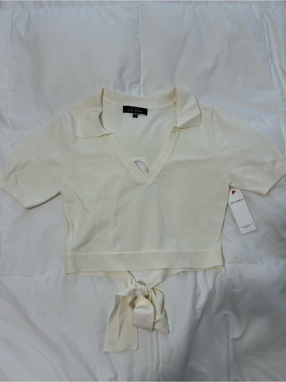Cream Short Sleeve V-Neck Tie-Back Top